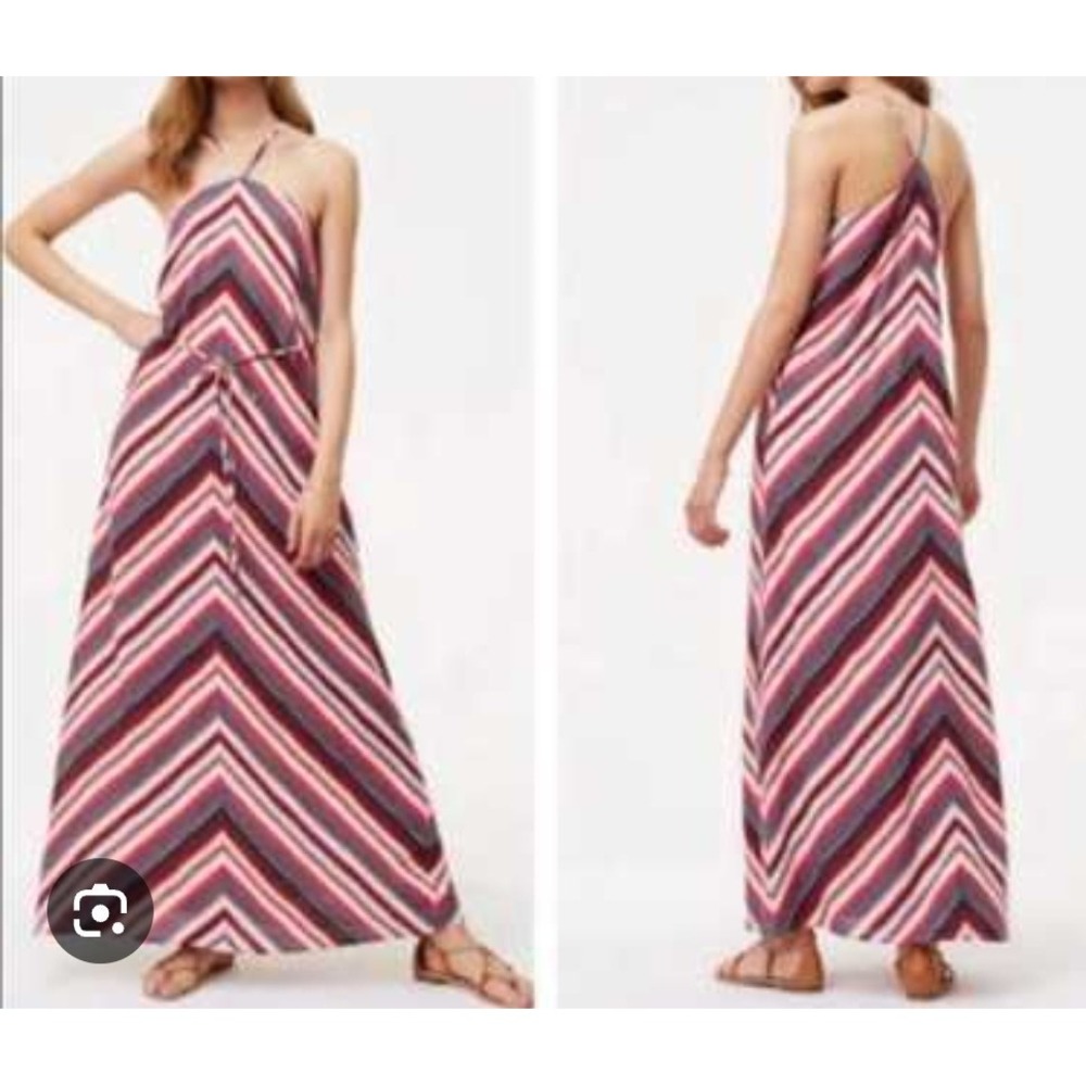 LOFT Halter Maxi Dress Sz M Petite Pink Chevron  Belted Linen Blend Travel Beach